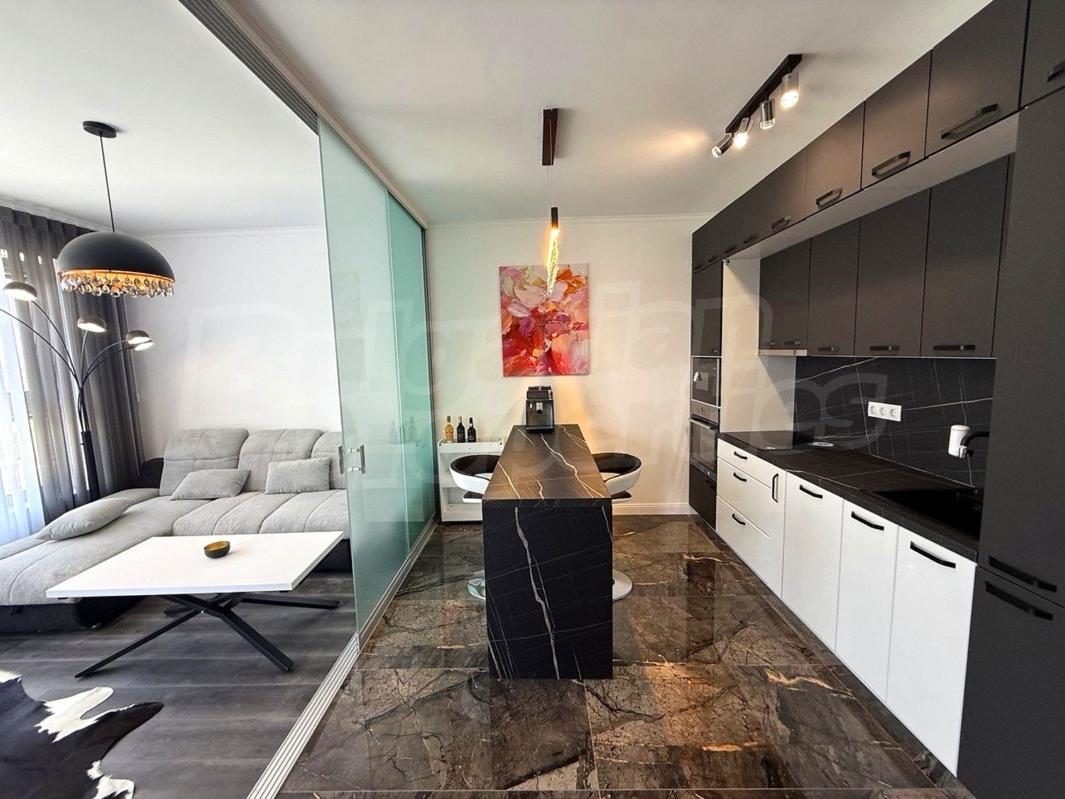 inside, kitchen, living room, furnished