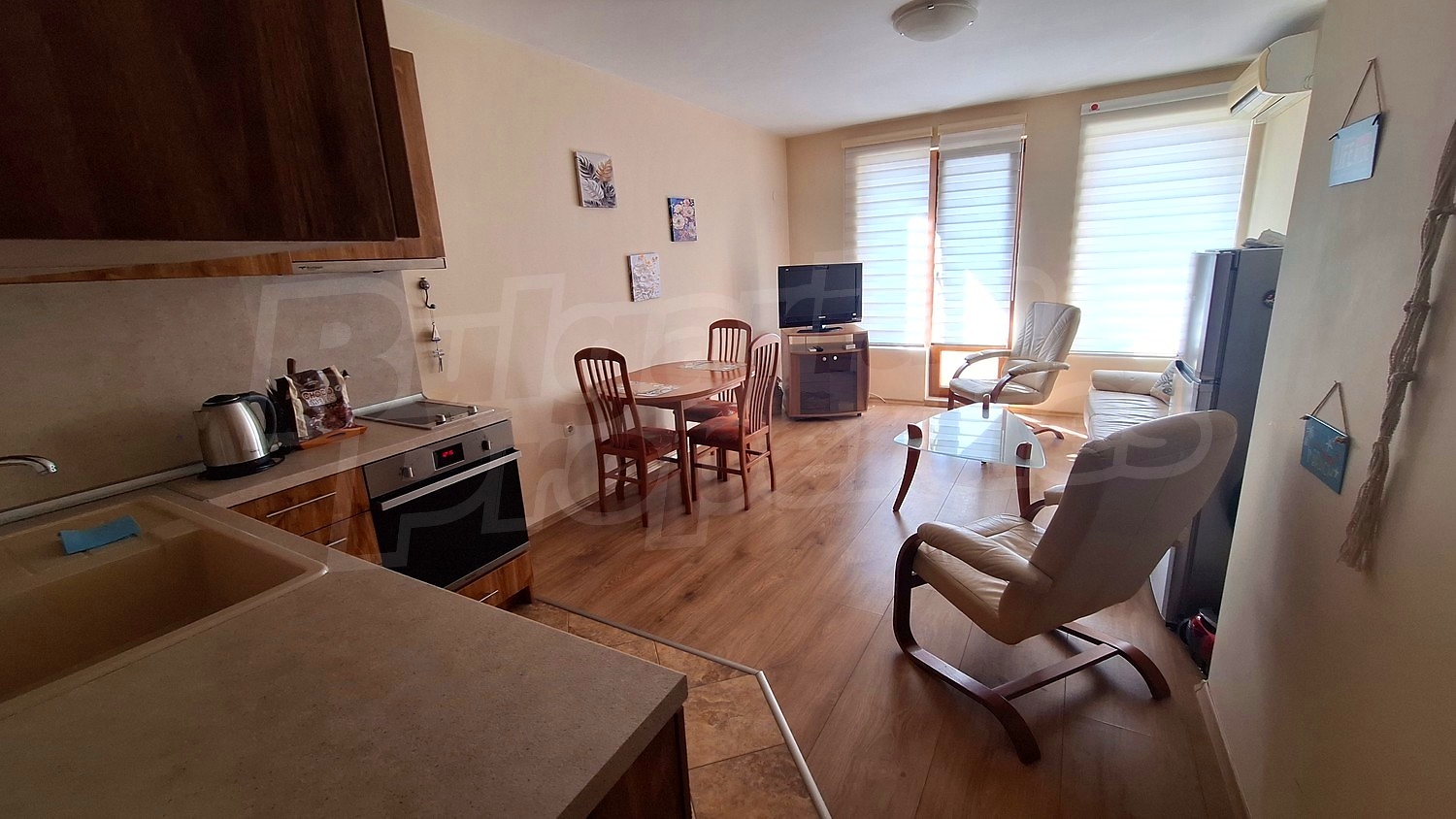inside, kitchen, living room, furnished