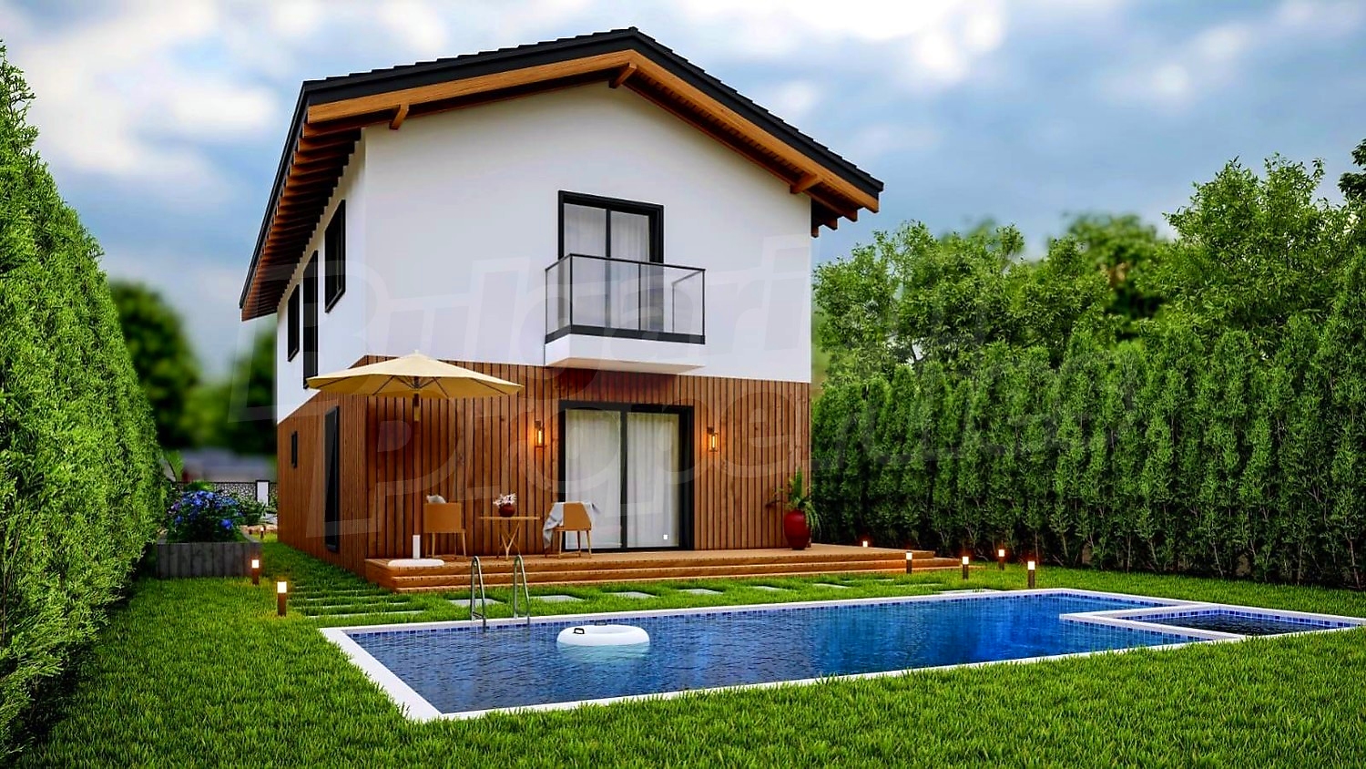 outside, garden, pool, facade, balcony, green area