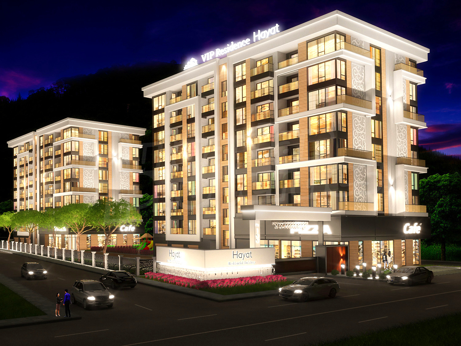 facade, outside, view from balcony, green area
