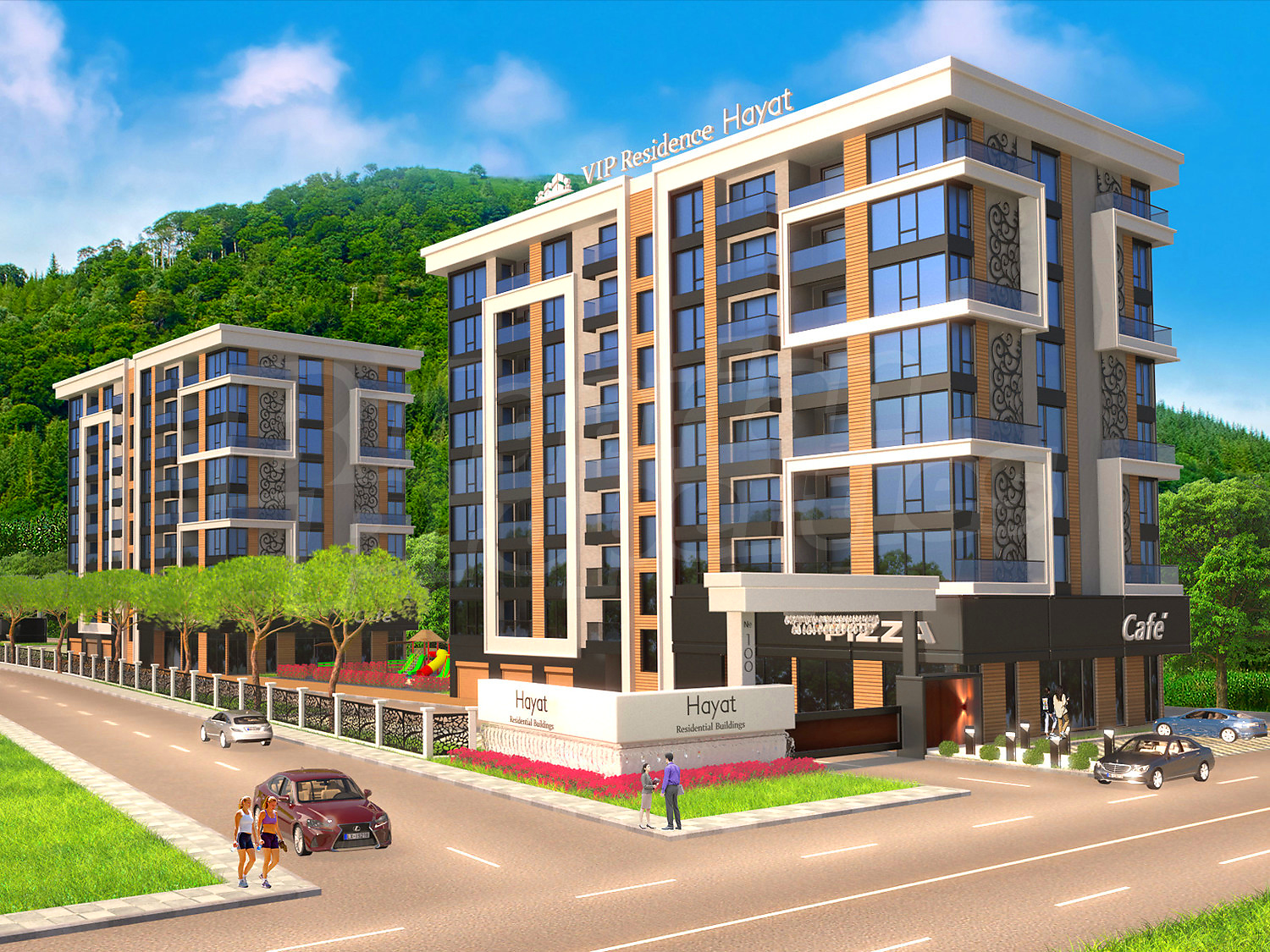 outside, facade, garden, parking, green area