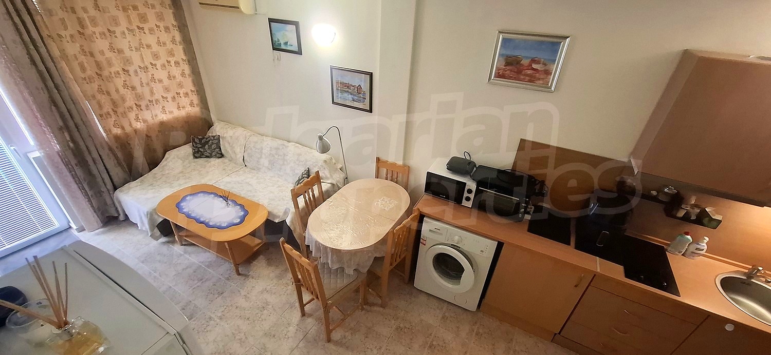 inside, kitchen, living room, furnished