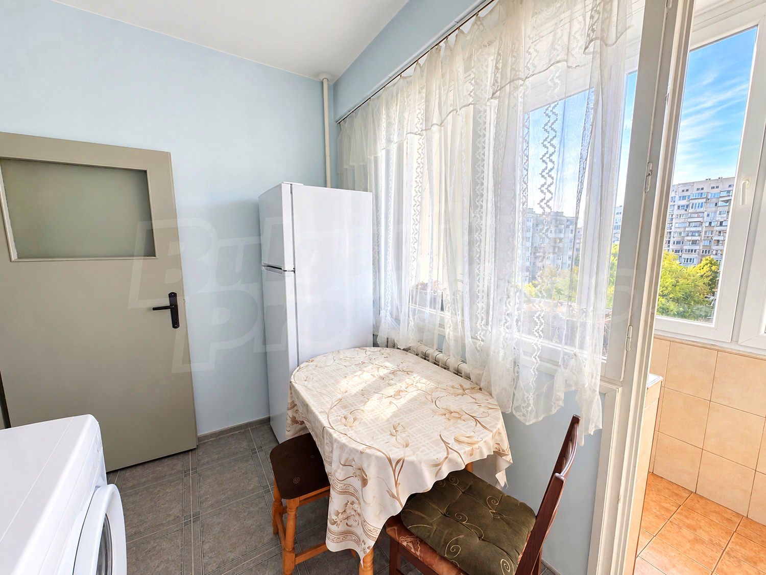 inside, kitchen, view from balcony