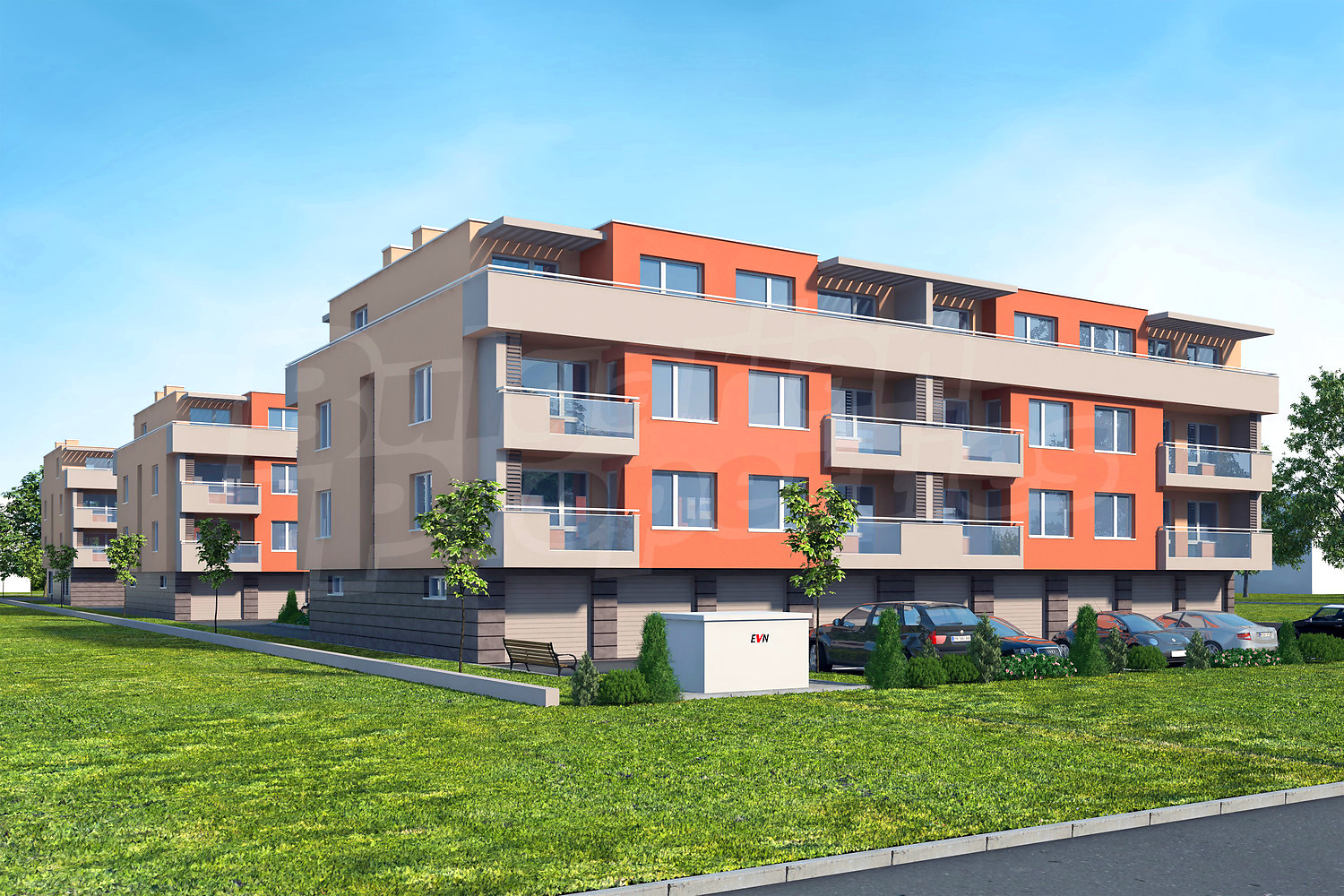 facade, parking, green area