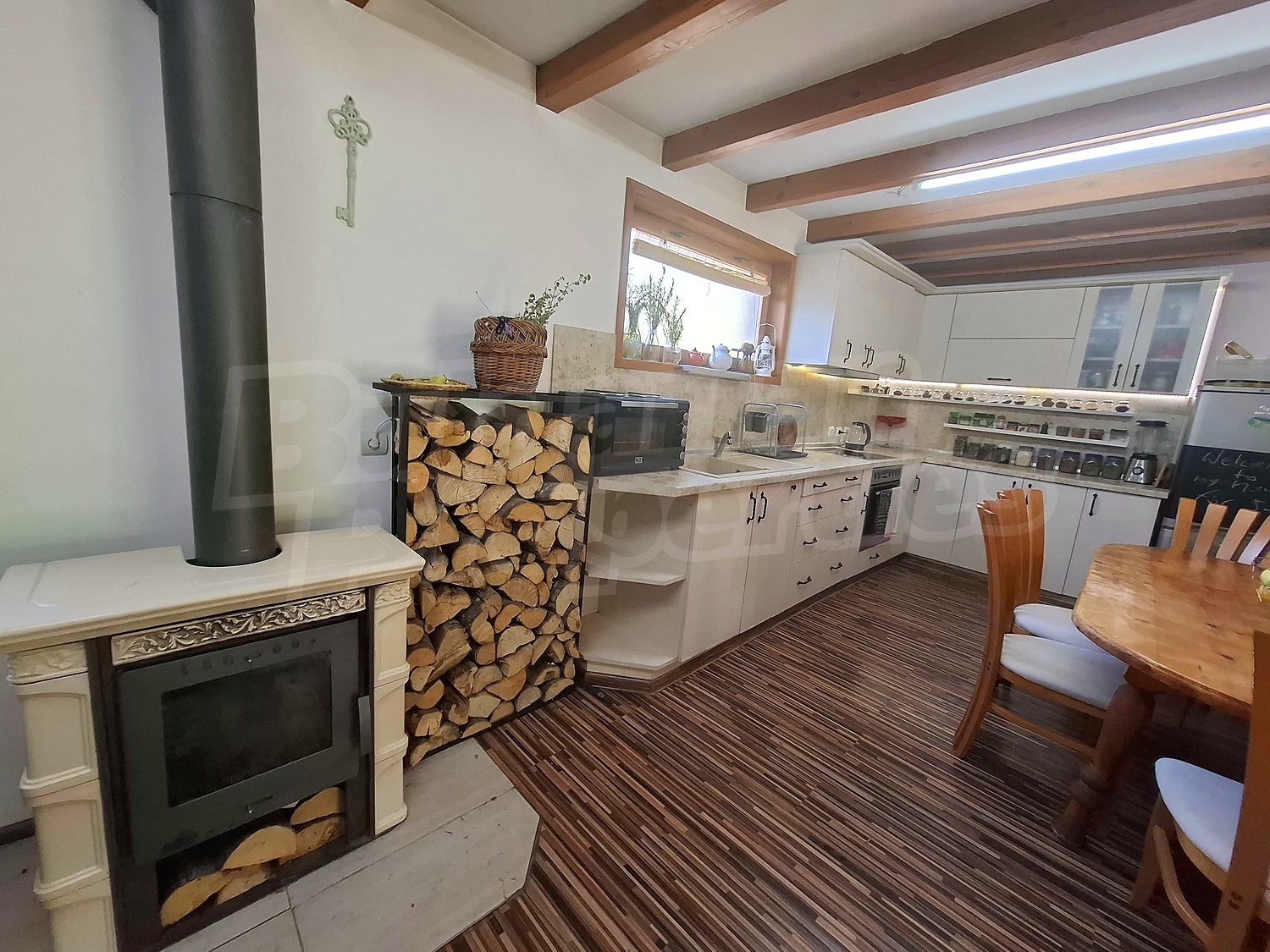inside, kitchen, furnished, fireplace