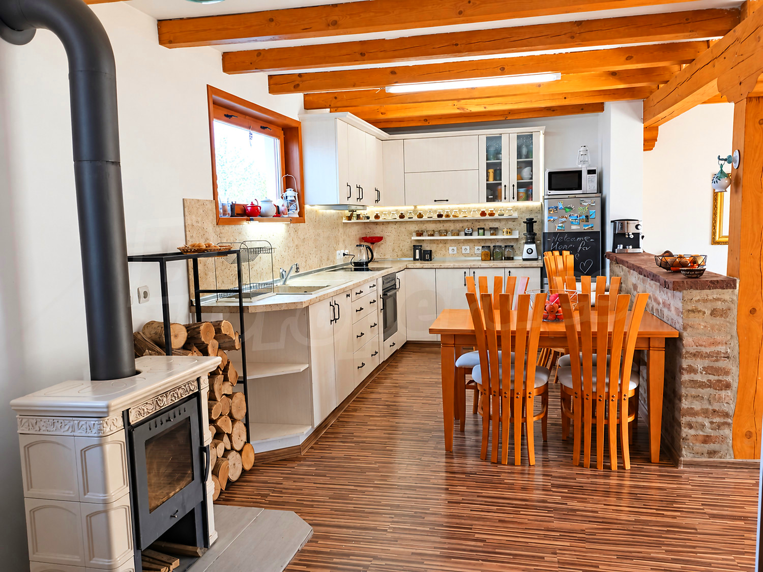 inside, kitchen, furnished, fireplace
