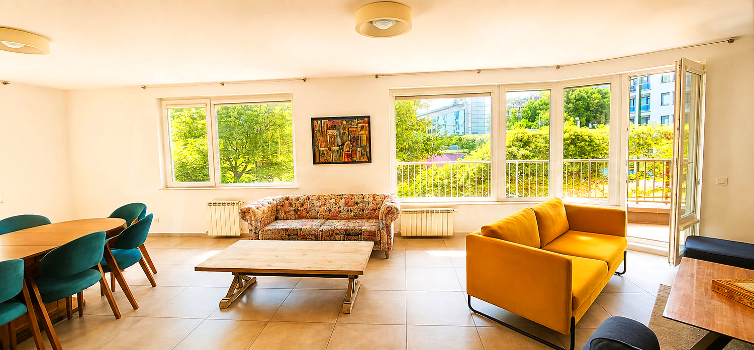 inside, living room, furnished, view from balcony