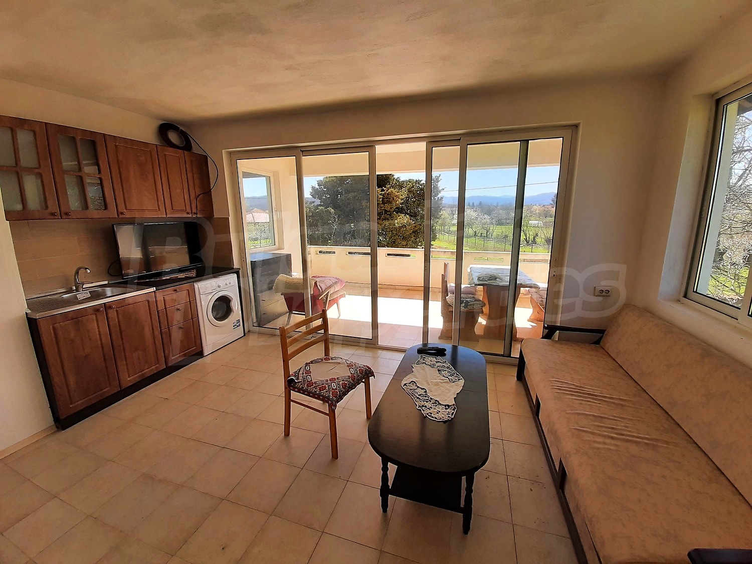 inside, kitchen, living room, balcony, view from balcony, furnished