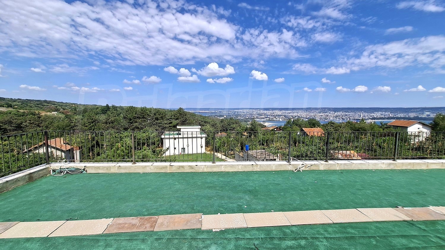 outside, view from balcony, mountain, sea, green area