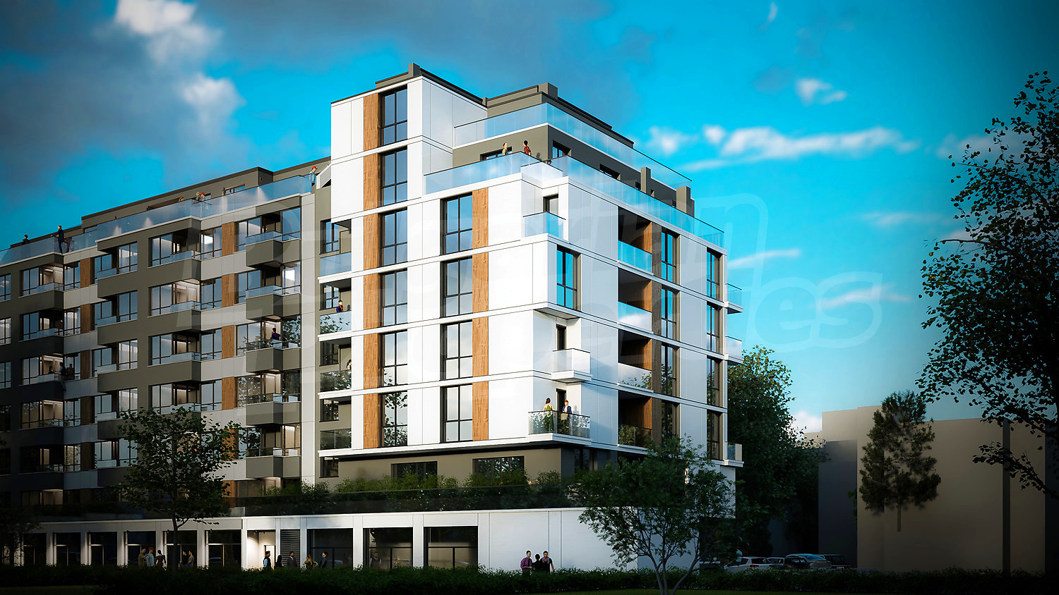 facade, outside, green area