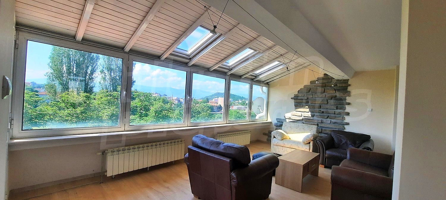inside, living room, view from balcony, furnished