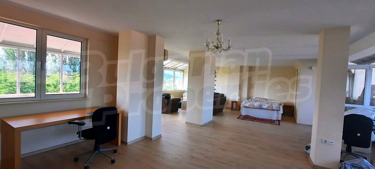 inside, bedroom, living room, furnished, view from balcony, green area