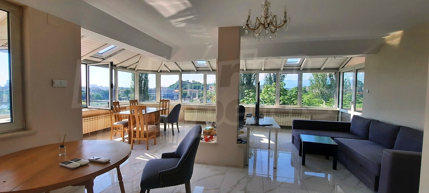 inside, living room, view from balcony, furnished