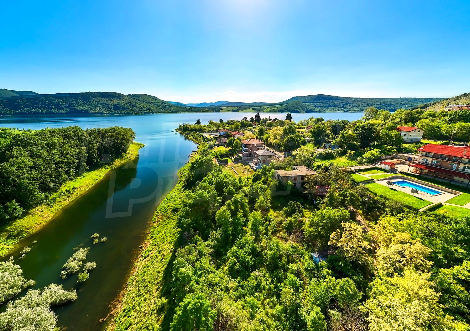 outside, garden, pool, sea, mountain, green area