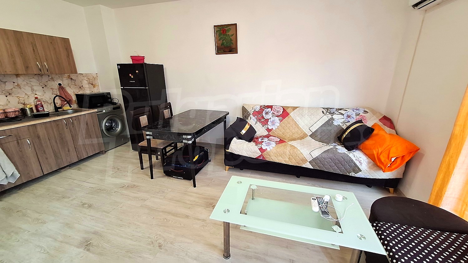 inside, kitchen, living room, furnished