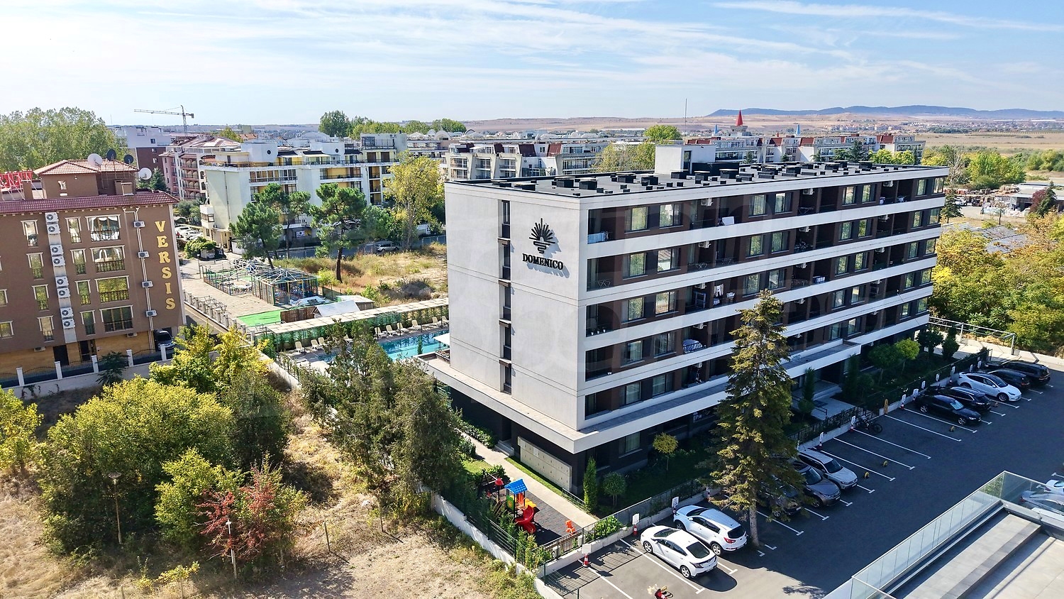 outside, facade, parking, pool, garden