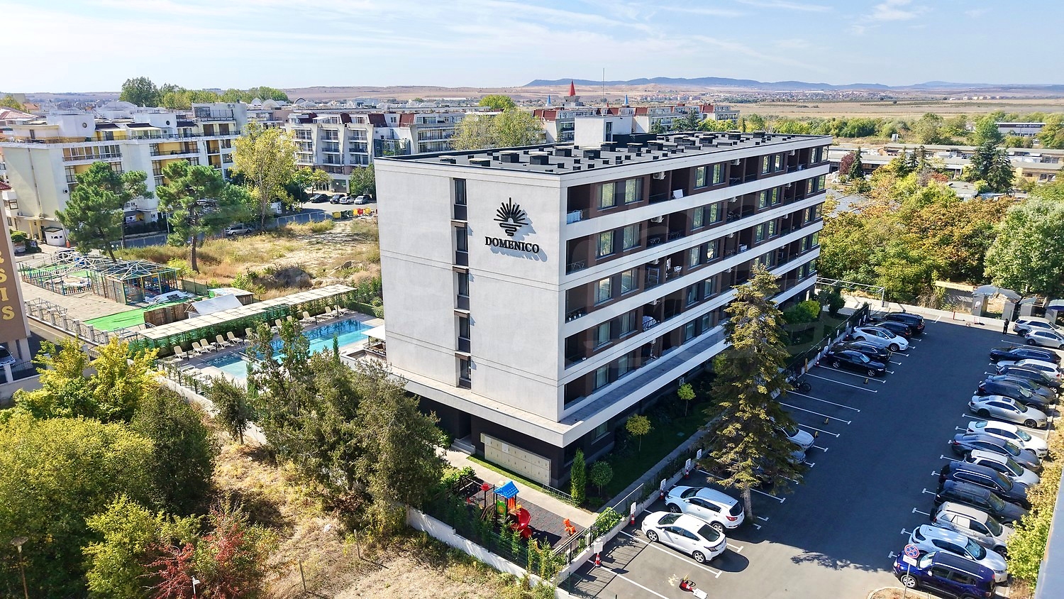 outside, facade, parking, pool, view from balcony, garden