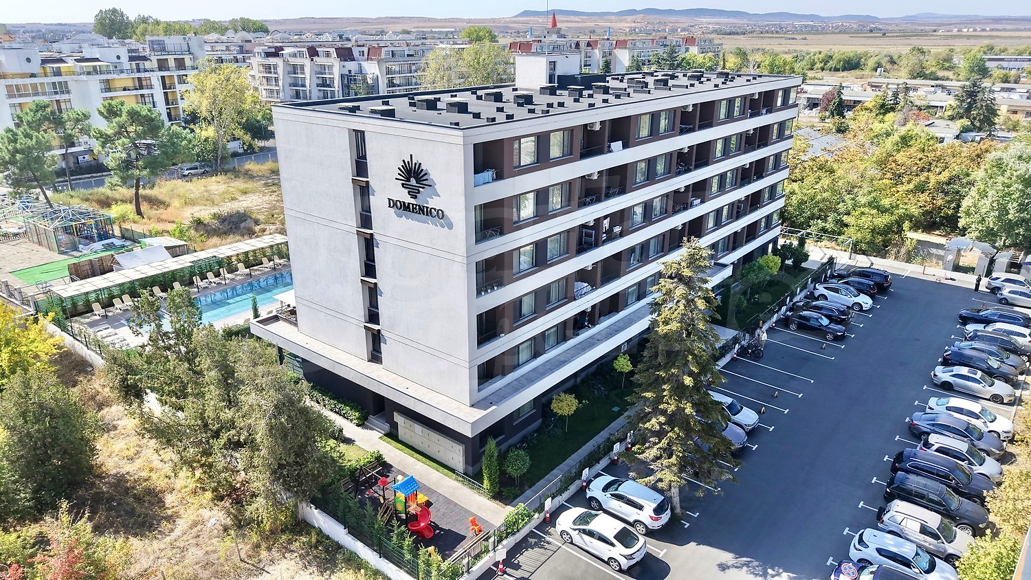 outside, facade, parking, pool, garden