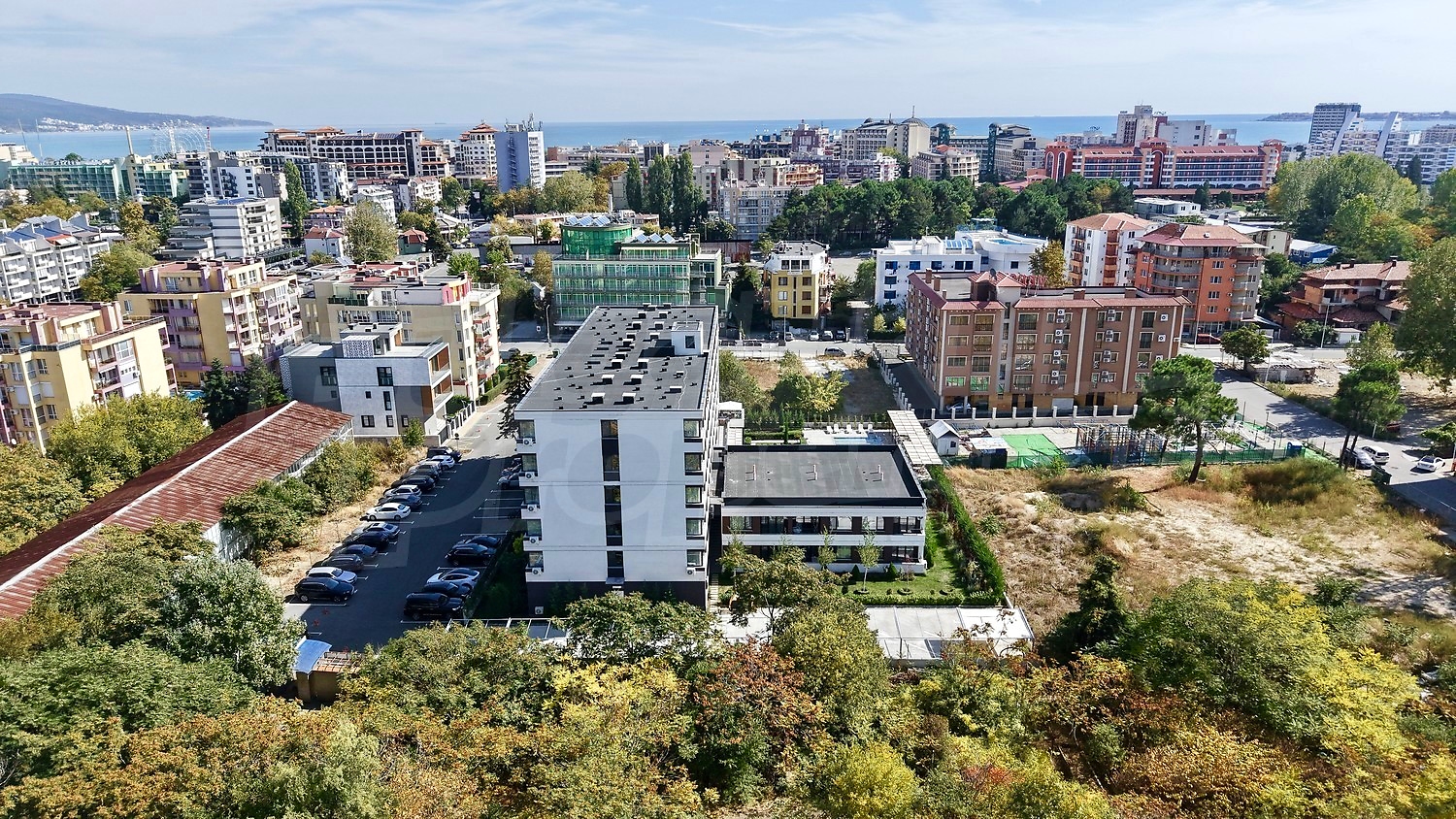 outside, view from balcony, facade, parking, sea