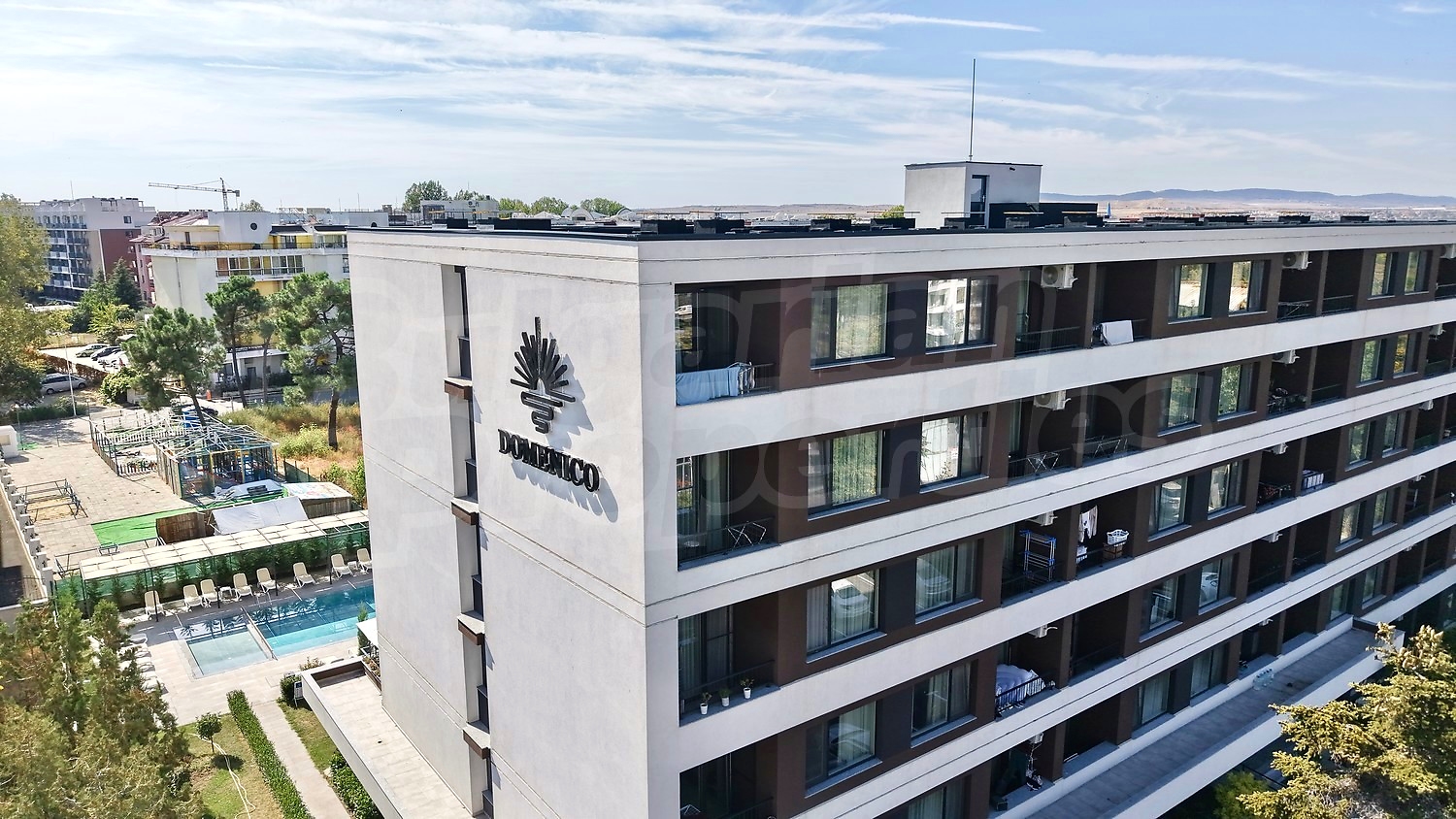 outside, facade, pool, parking, green area, view from balcony