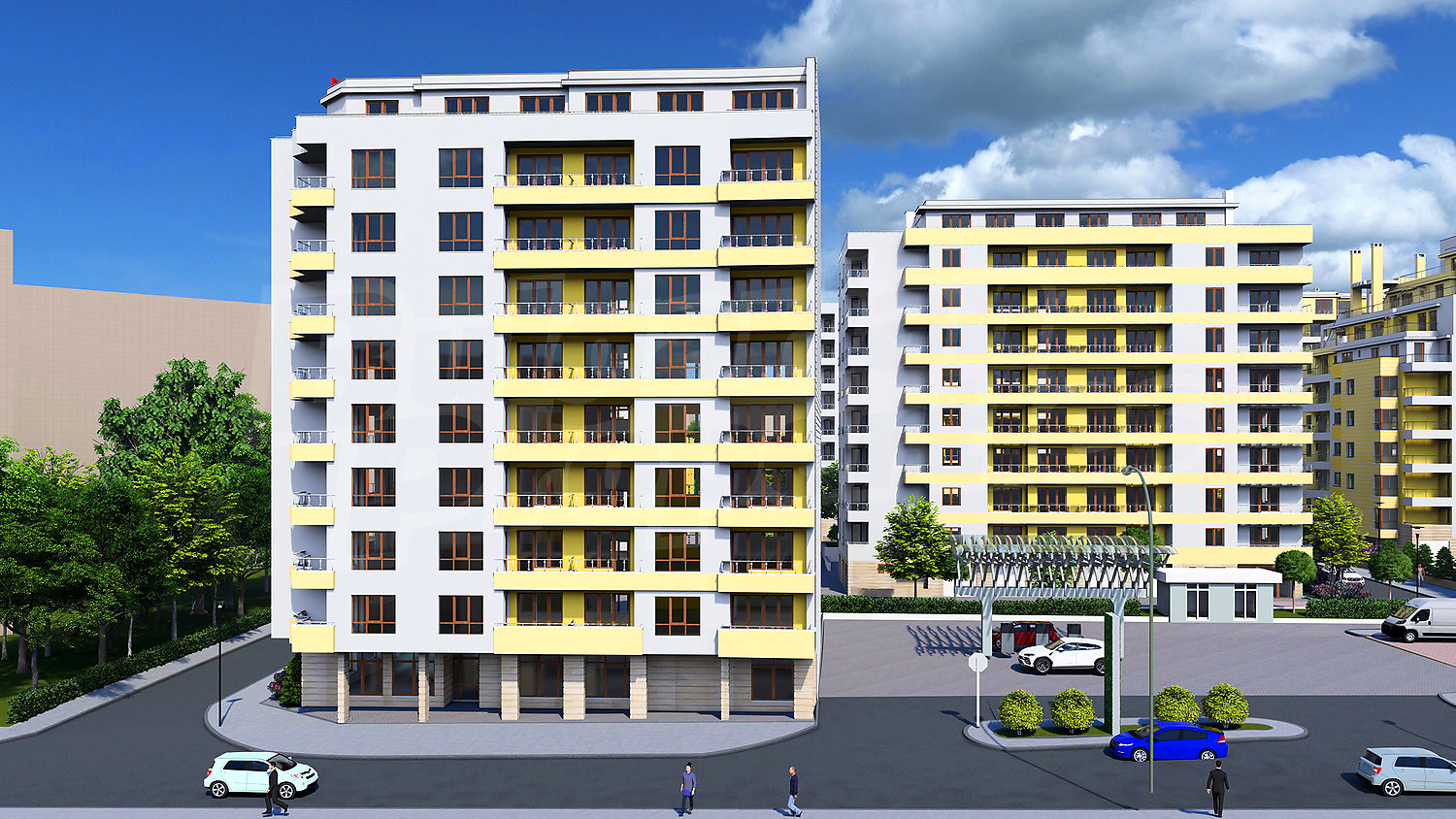 facade, outside, parking, green area
