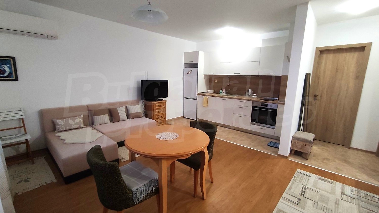 inside, kitchen, living room, furnished