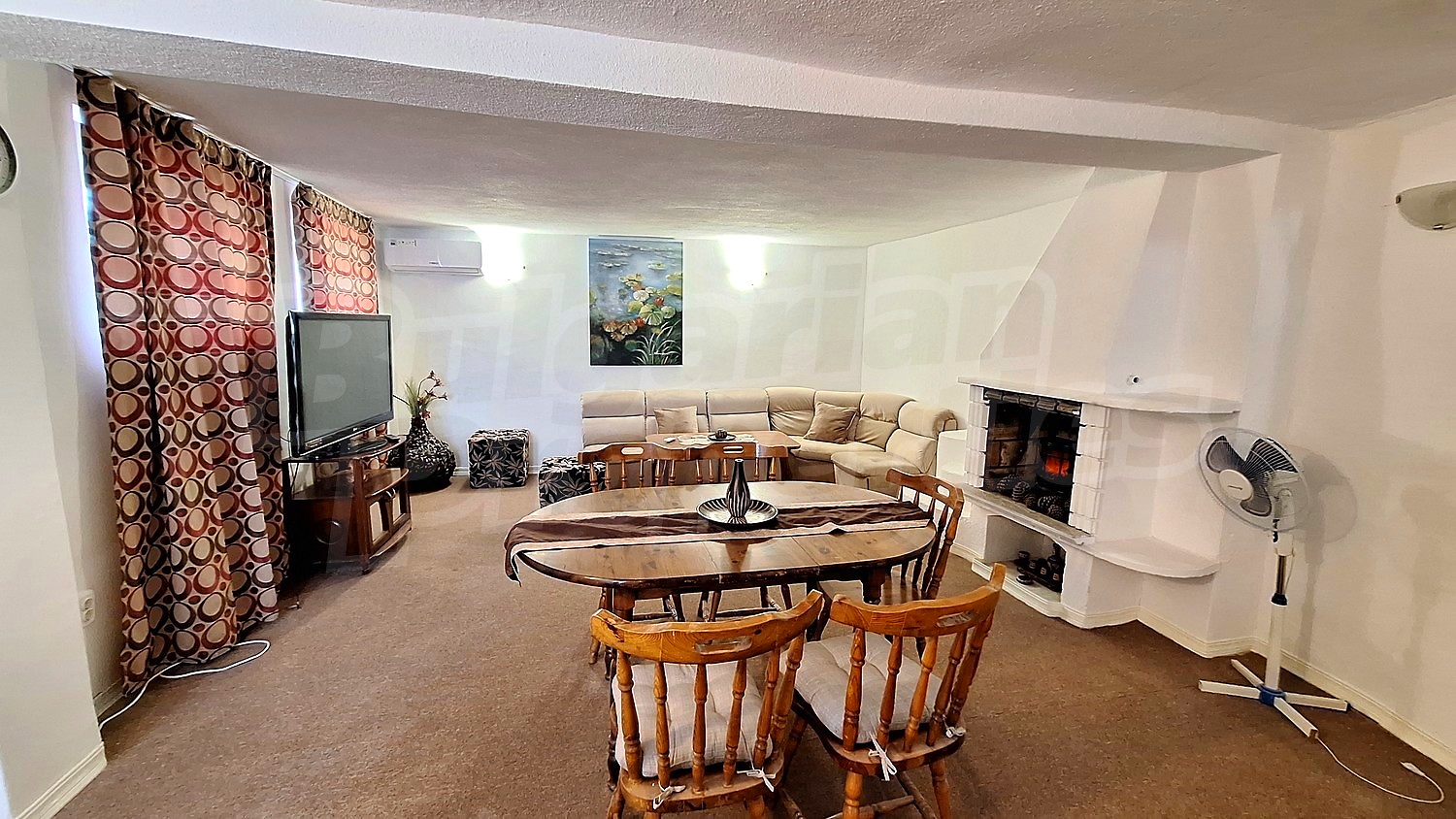 inside, living room, furnished, fireplace