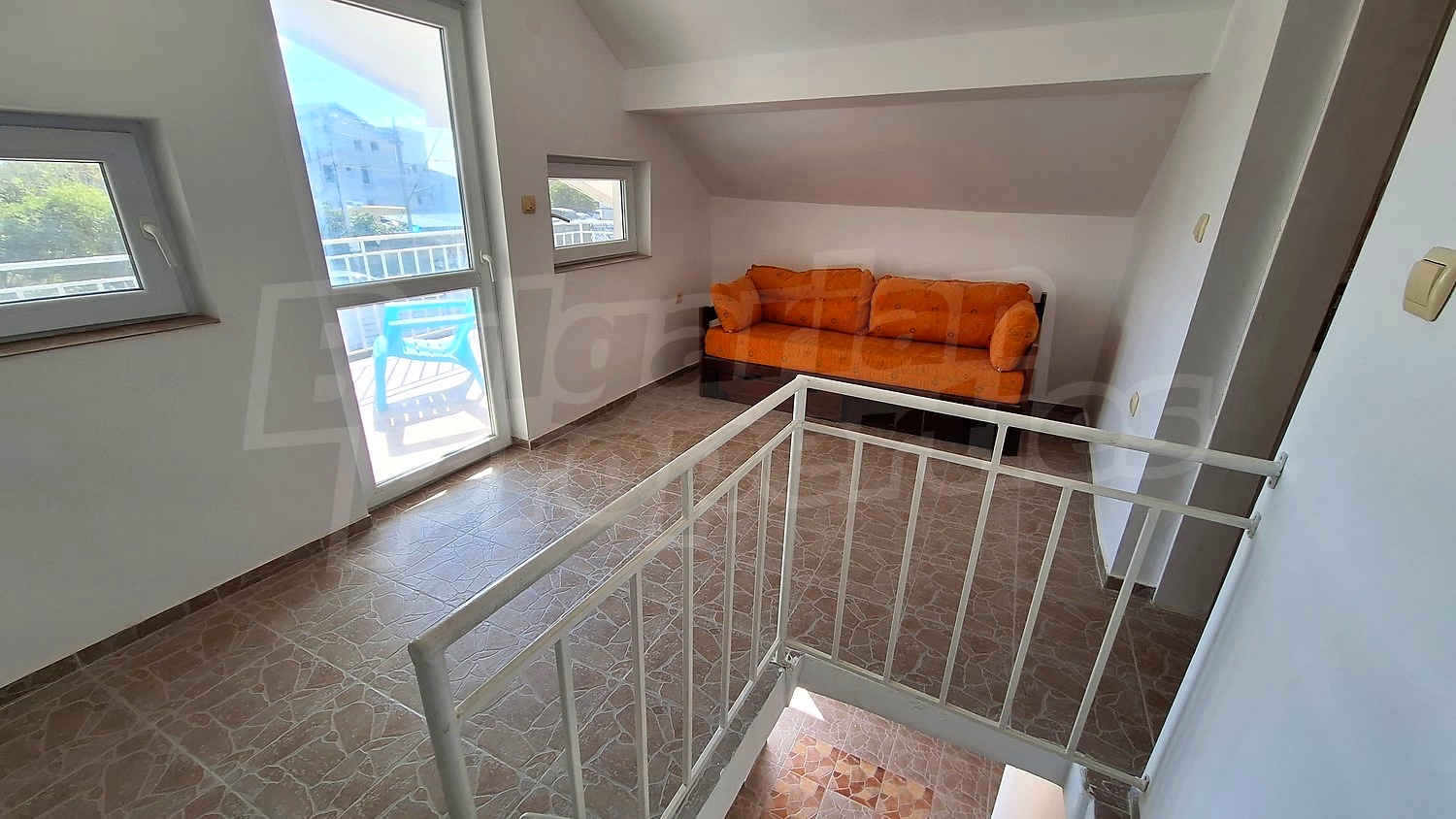 inside, furnished, balcony, view from balcony, stairs