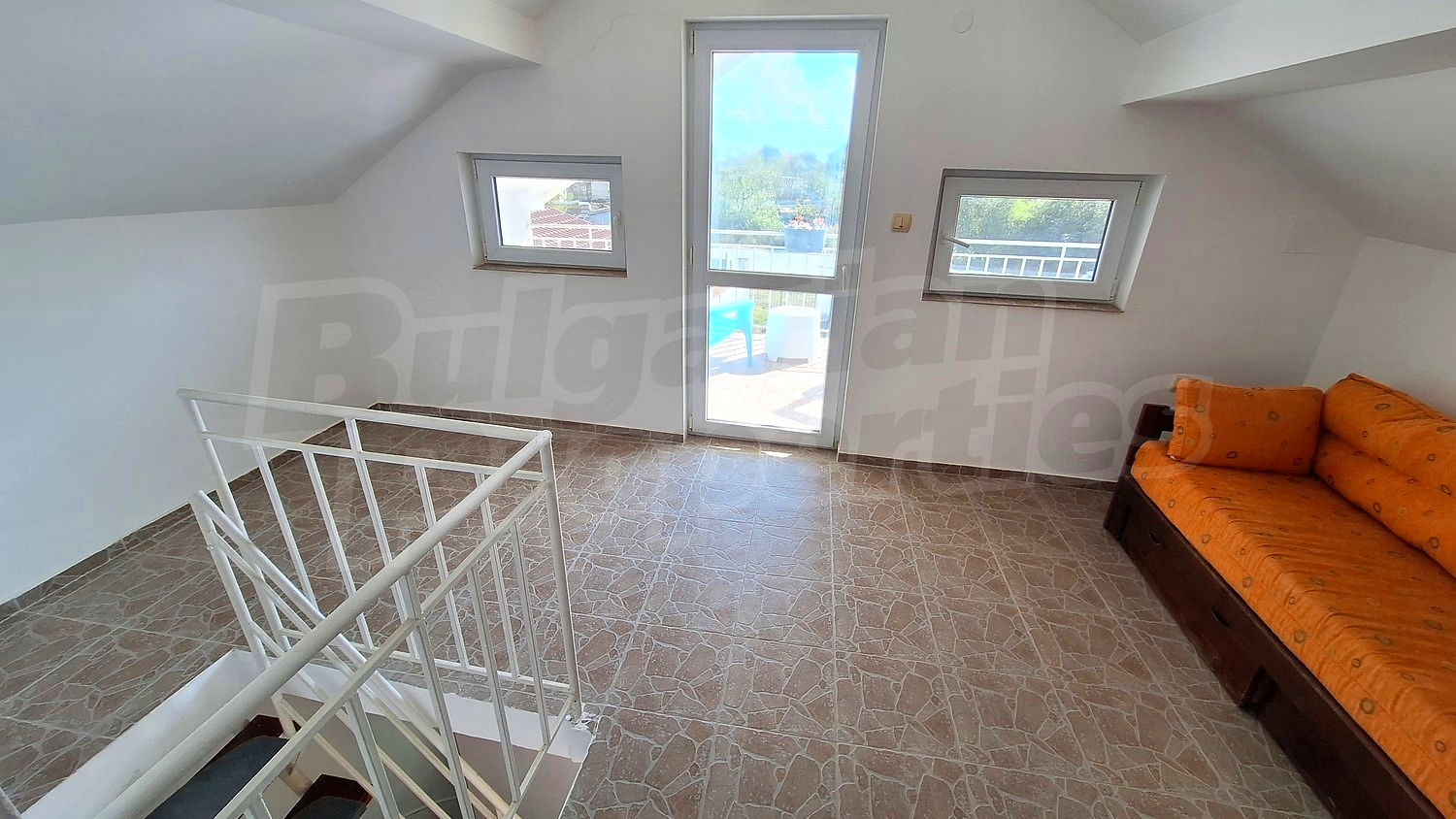 inside, view from balcony, stairs, furnished
