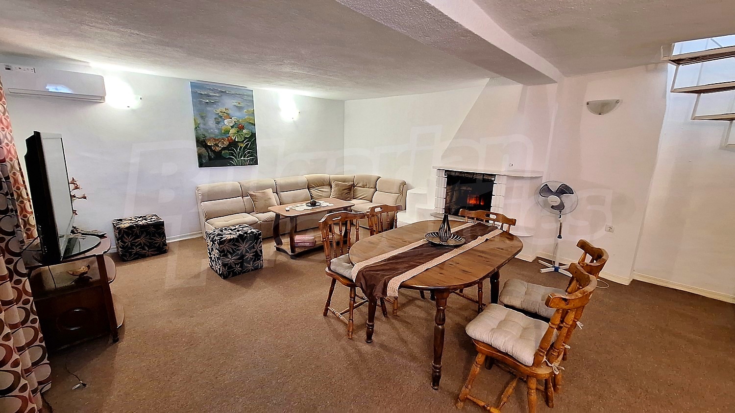 inside, living room, furnished, fireplace