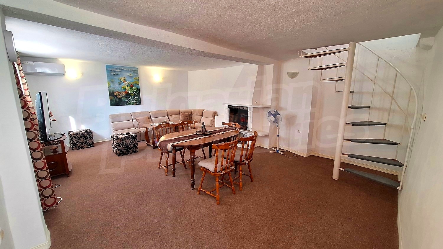 inside, living room, furnished, fireplace, stairs