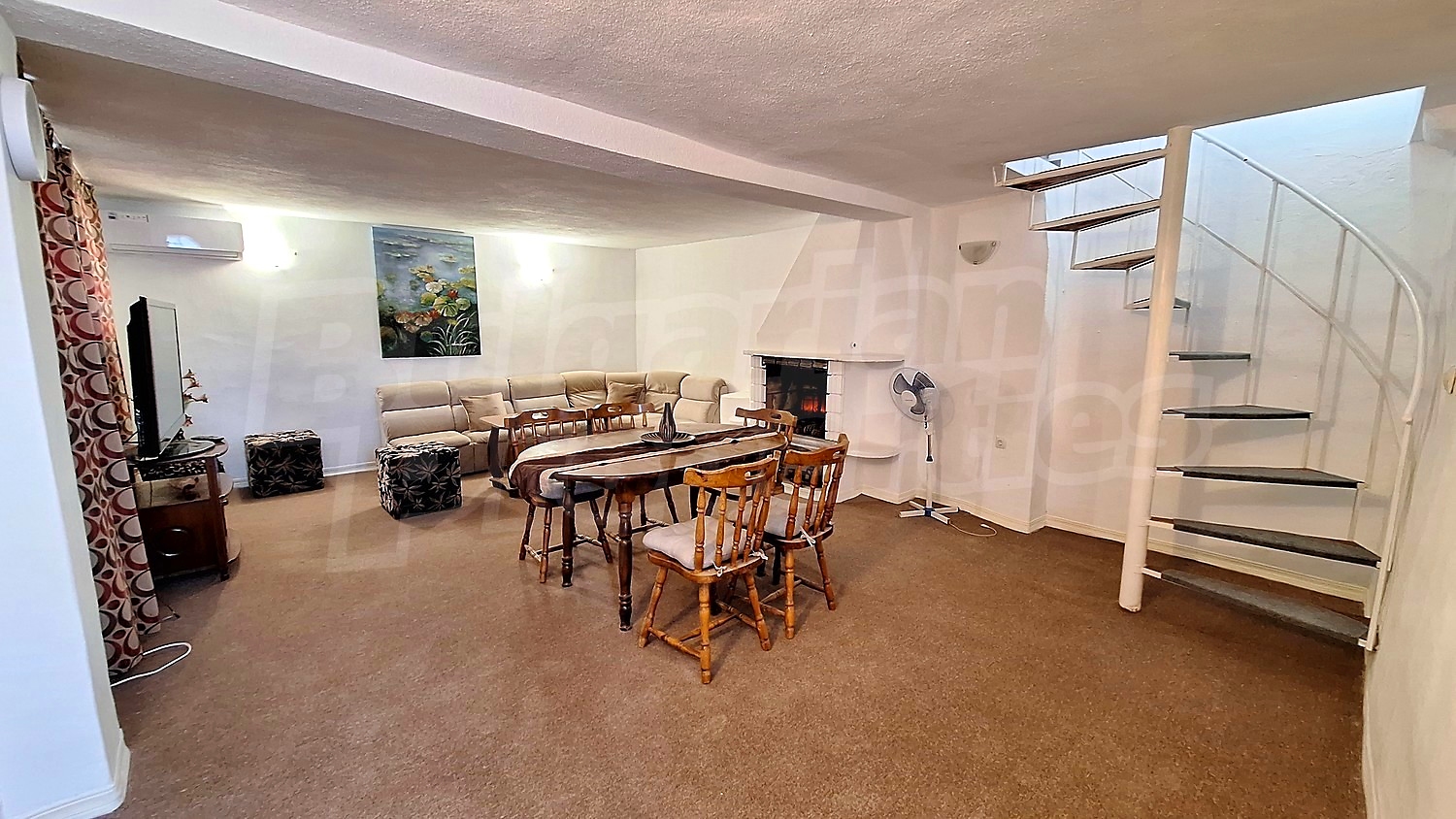 inside, living room, furnished, fireplace