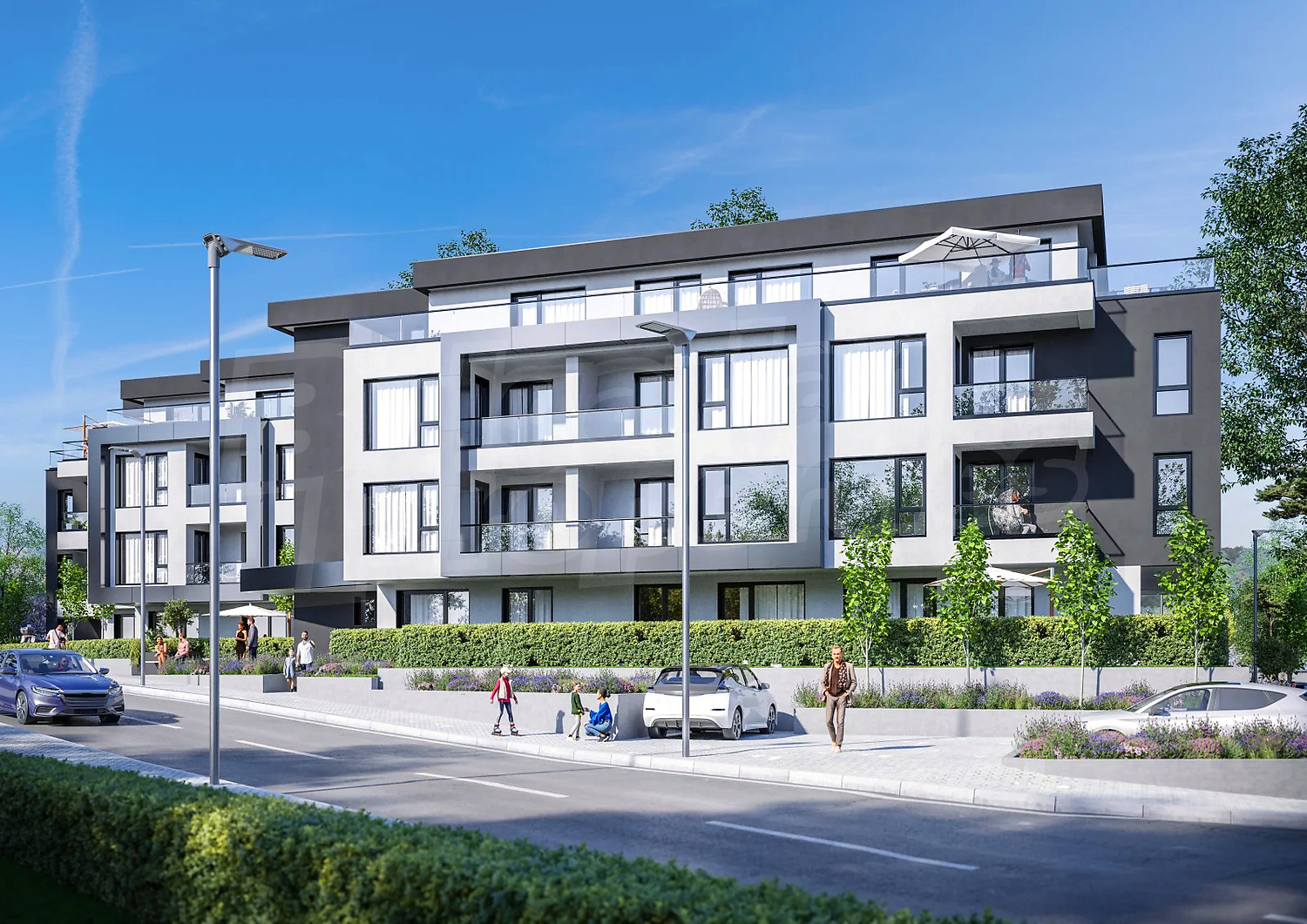 facade, outside, parking, green area