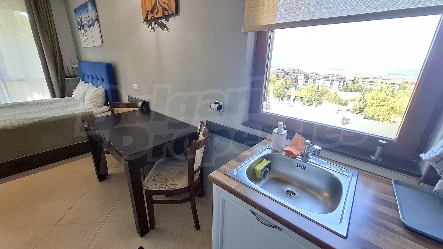inside, bedroom, view from balcony, furnished