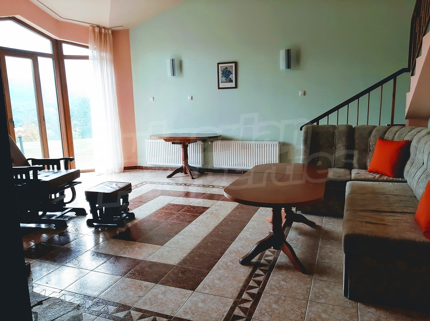 inside, living room, stairs, furnished