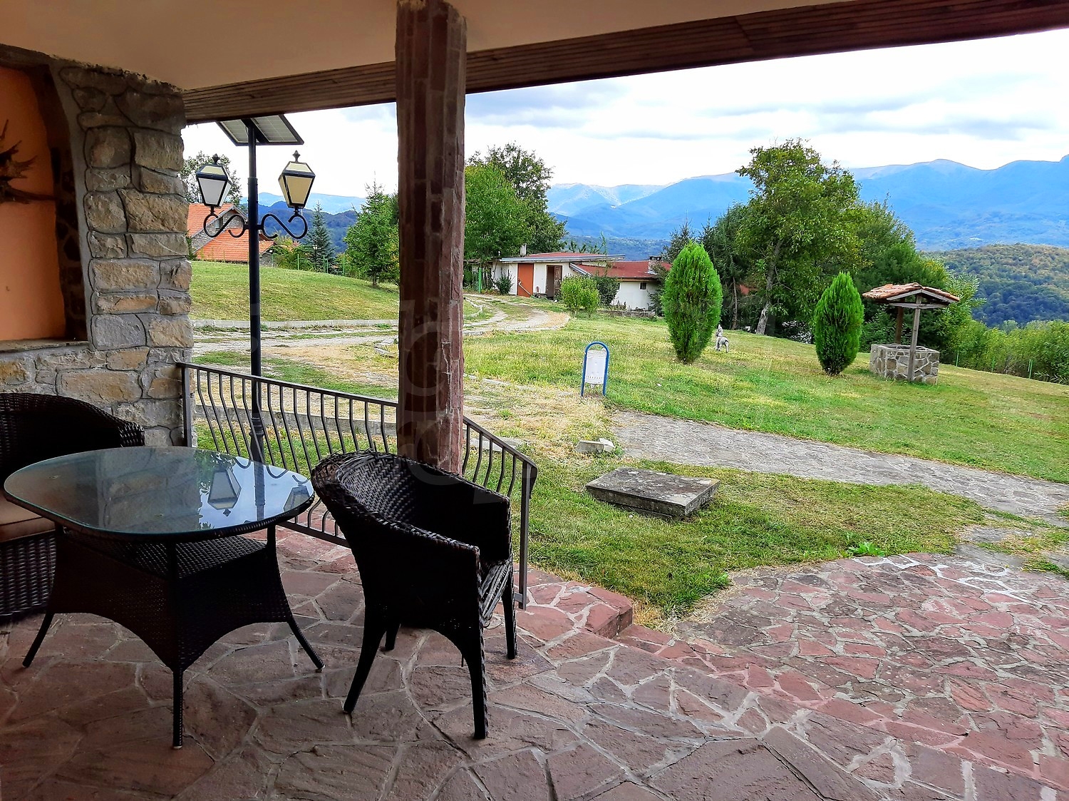 outside, balcony, view from balcony, mountain, green area