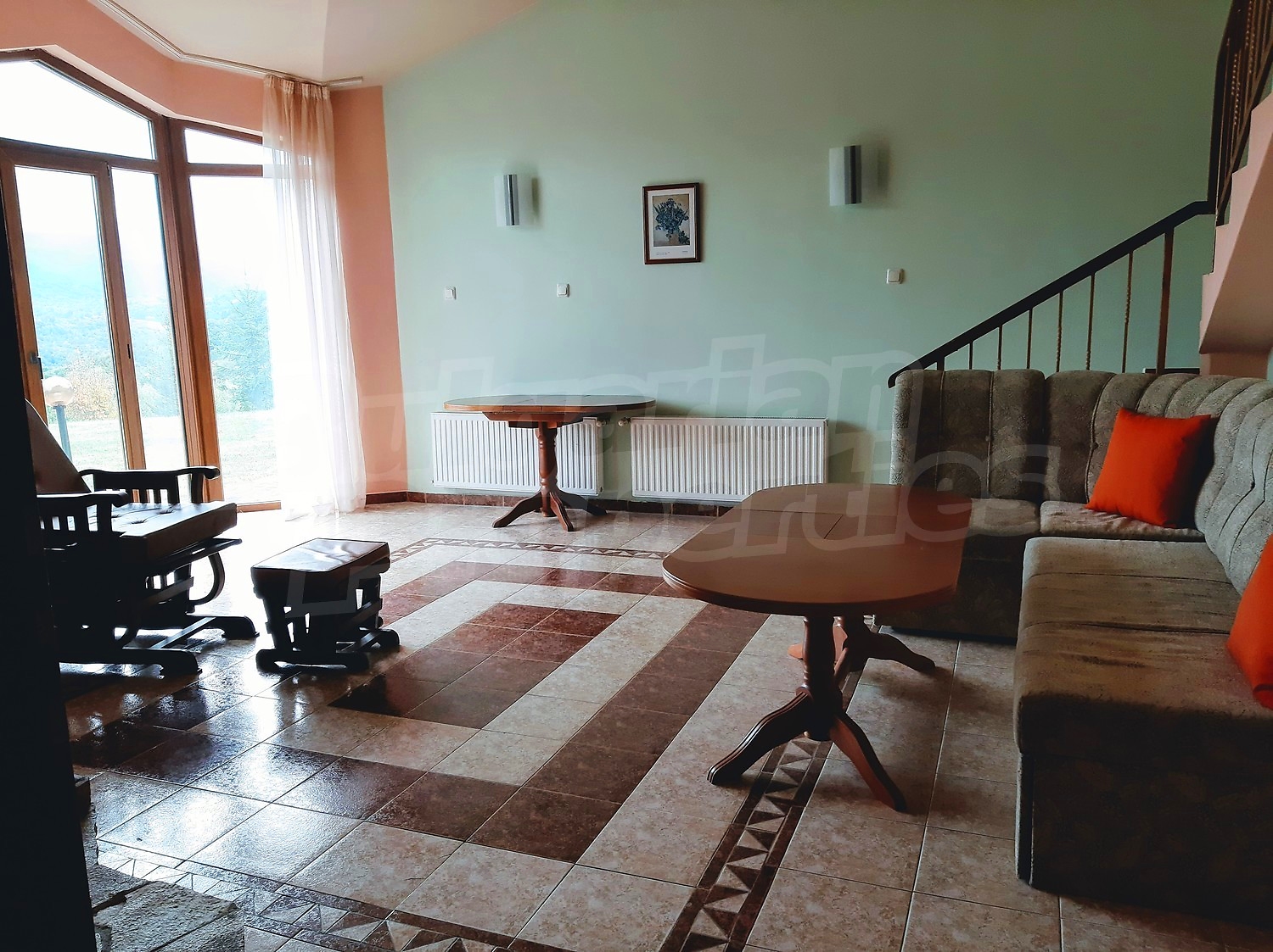 inside, living room, view from balcony, furnished