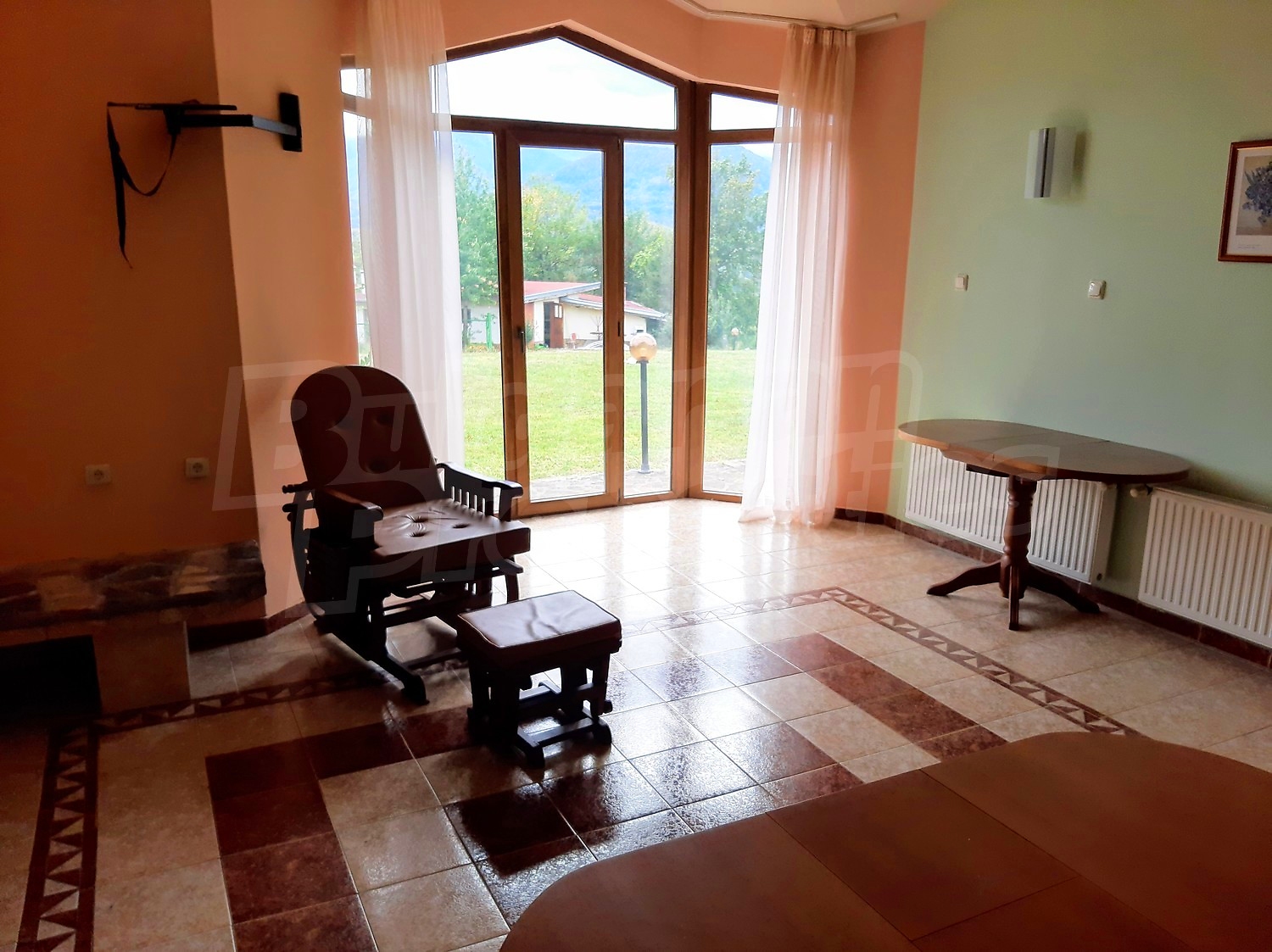 inside, living room, view from balcony, furnished