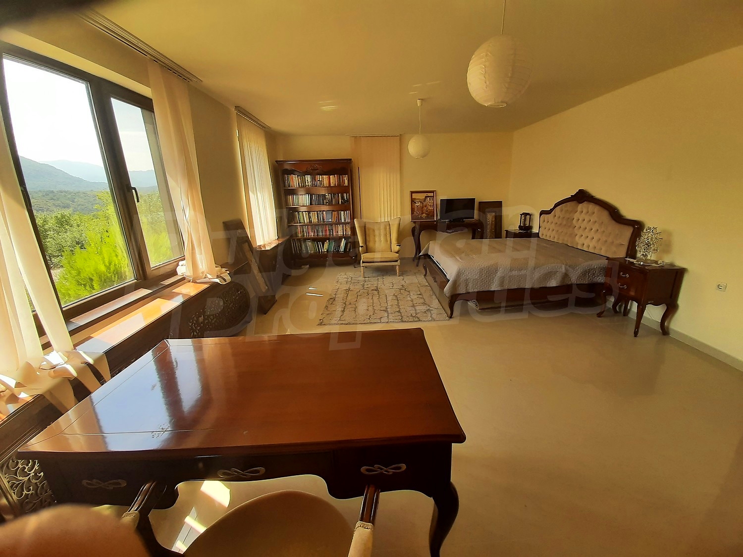 inside, bedroom, furnished, view from balcony