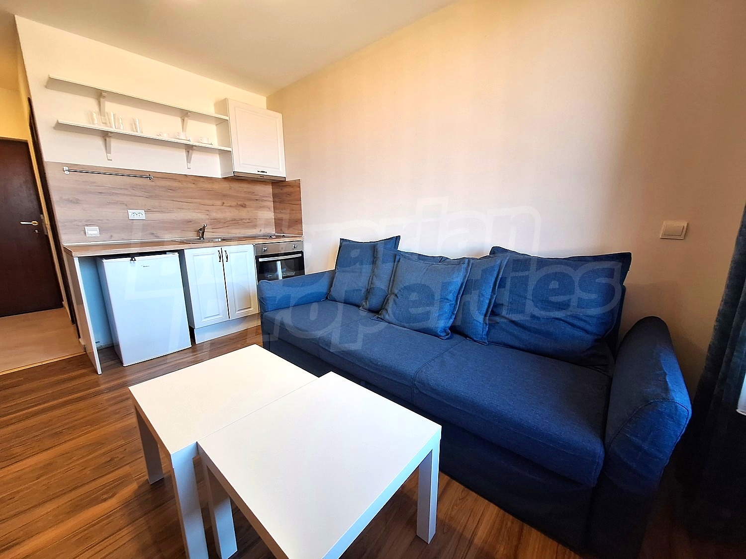 inside, kitchen, living room, furnished