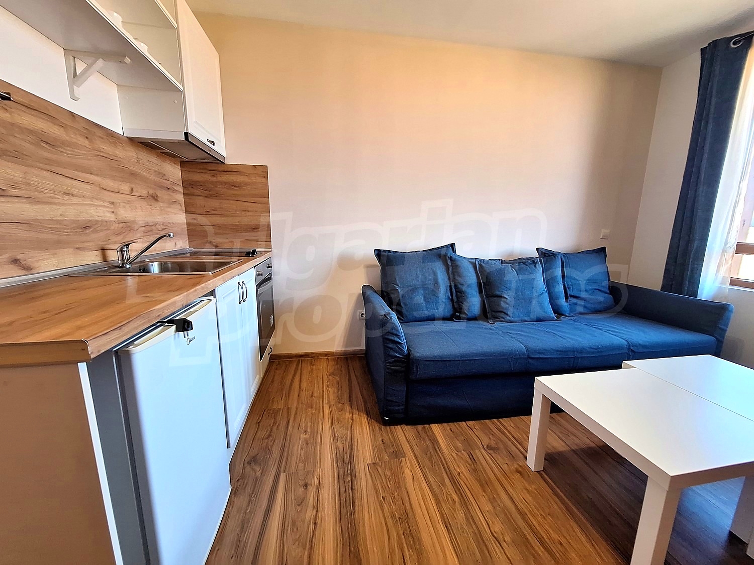 inside, kitchen, living room, furnished