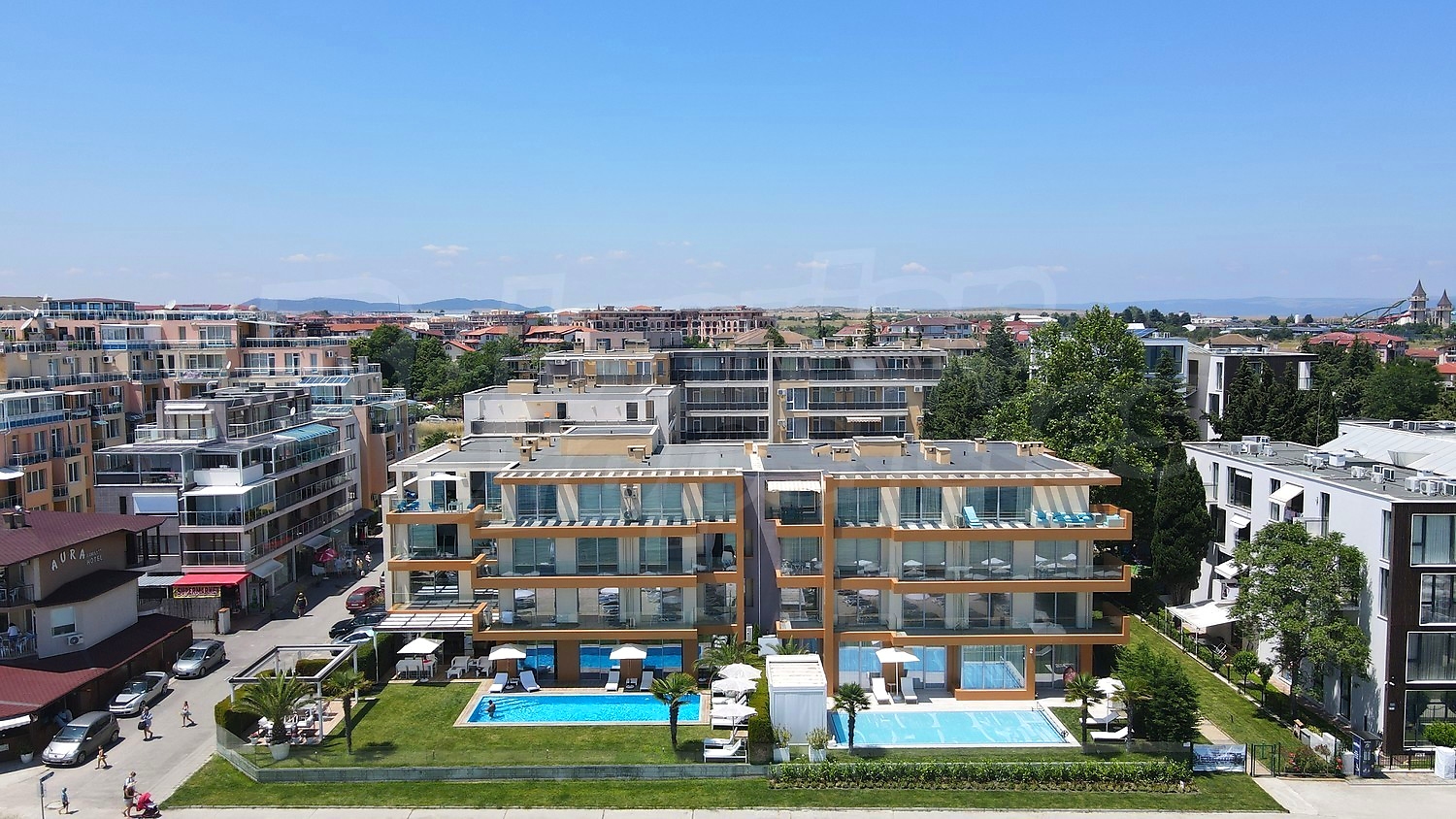 outside, facade, pool, green area, parking