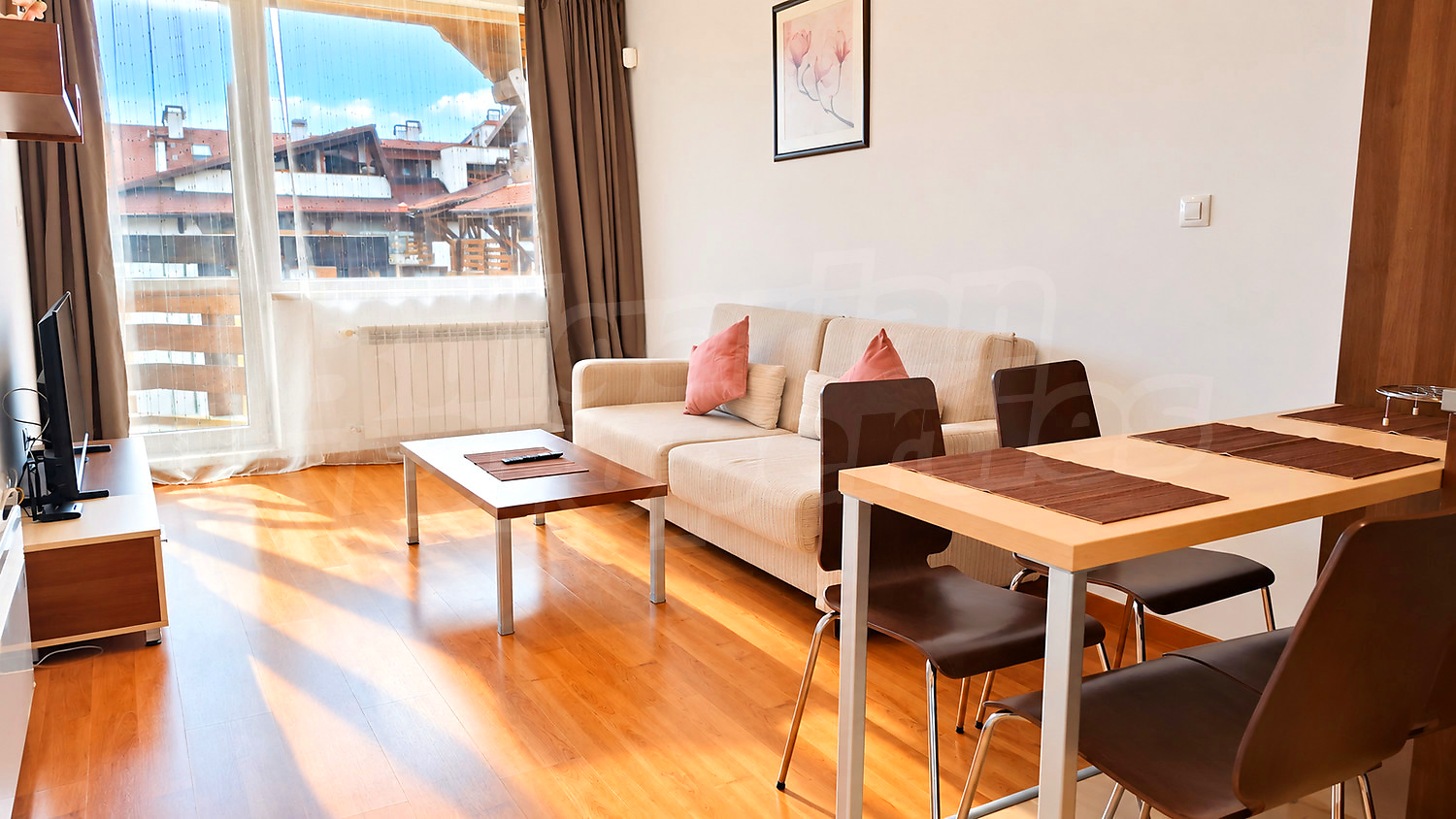 inside, living room, furnished, view from balcony