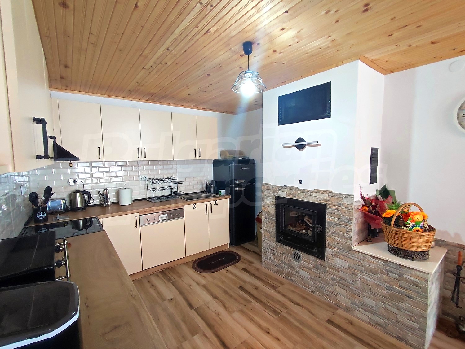 inside, kitchen, fireplace, furnished