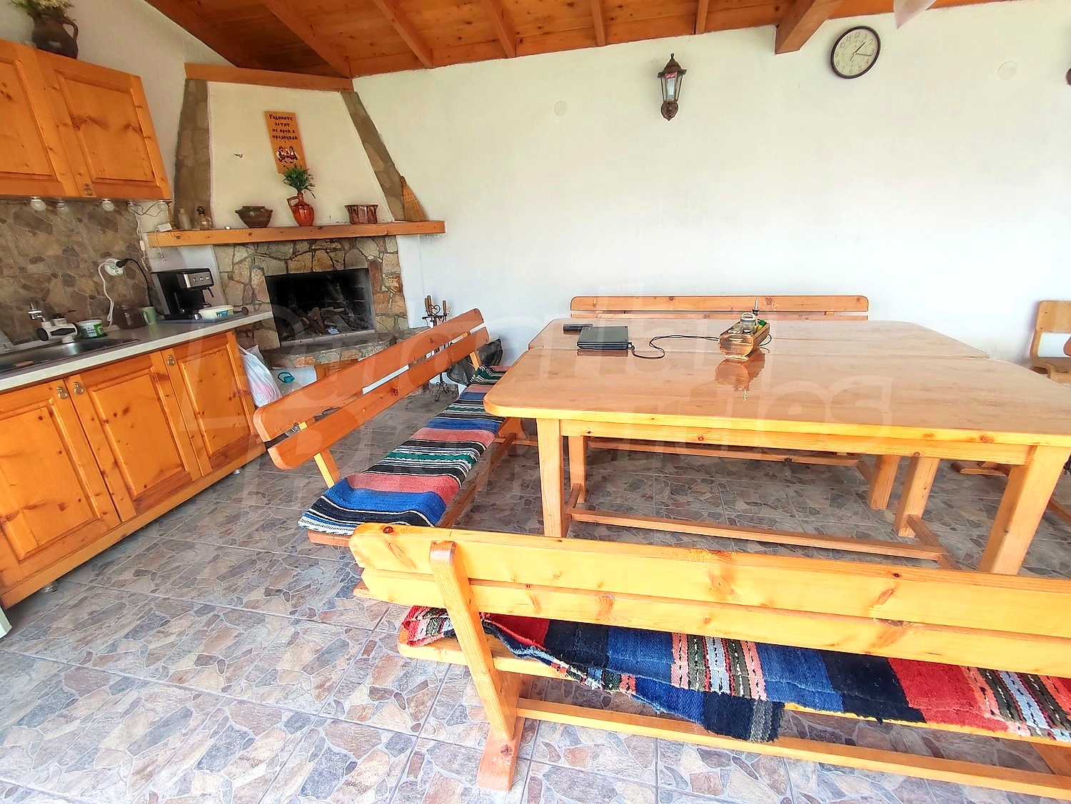 inside, kitchen, fireplace, furnished