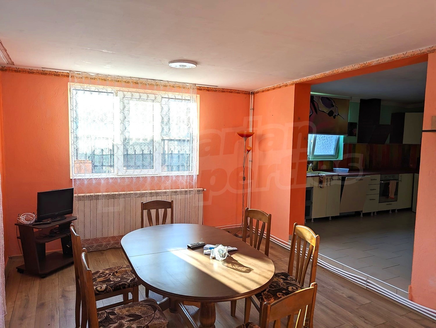 inside, kitchen, living room, furnished