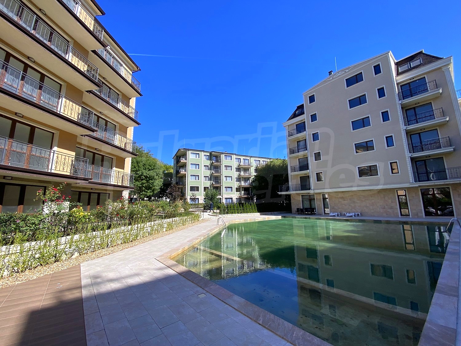 outside, facade, pool, green area