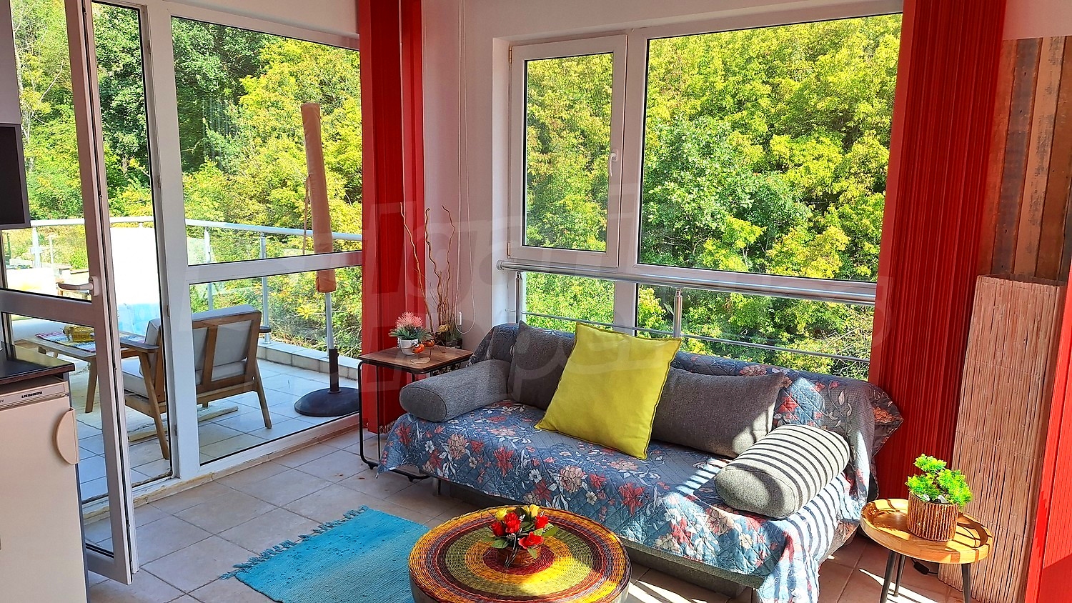 inside, living room, balcony, furnished, view from balcony, green area