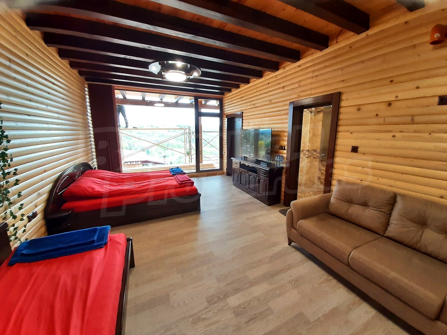 inside, bedroom, furnished, view from balcony