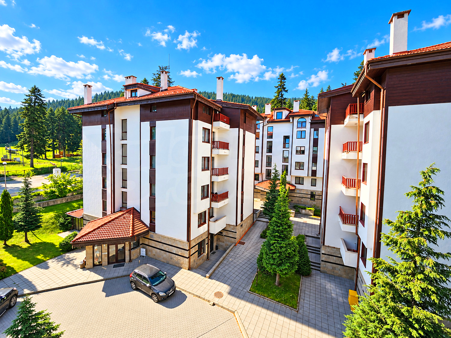 outside, facade, garden, parking, mountain, green area